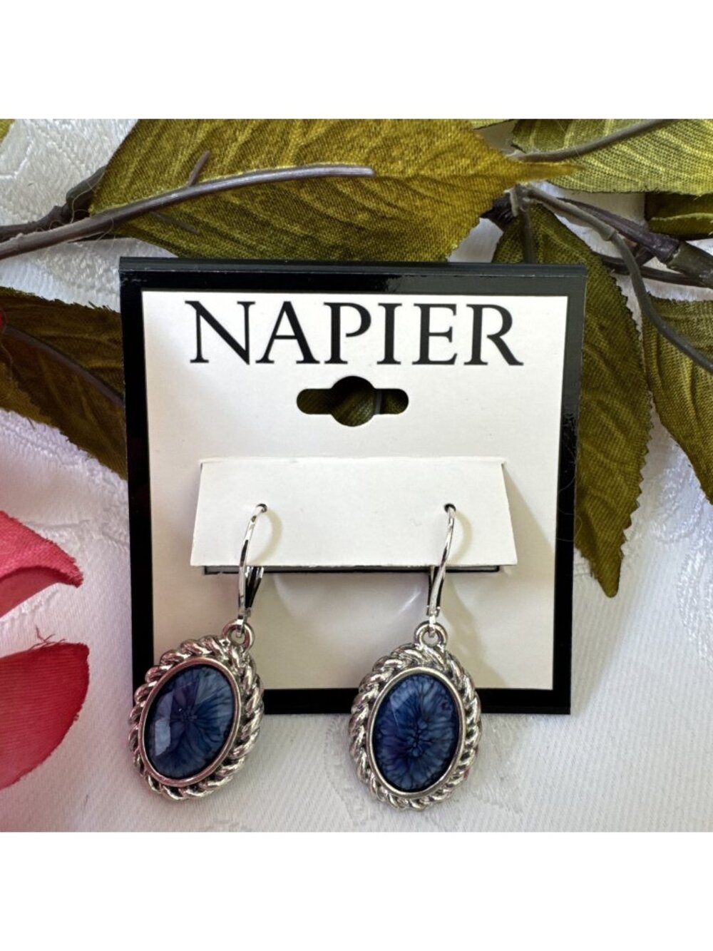 Napier Silver Tone Earrings with Blue Stone